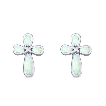 Cross Stud Earring Created White Opal Solid 925 Sterling Silver (12.6mm)
